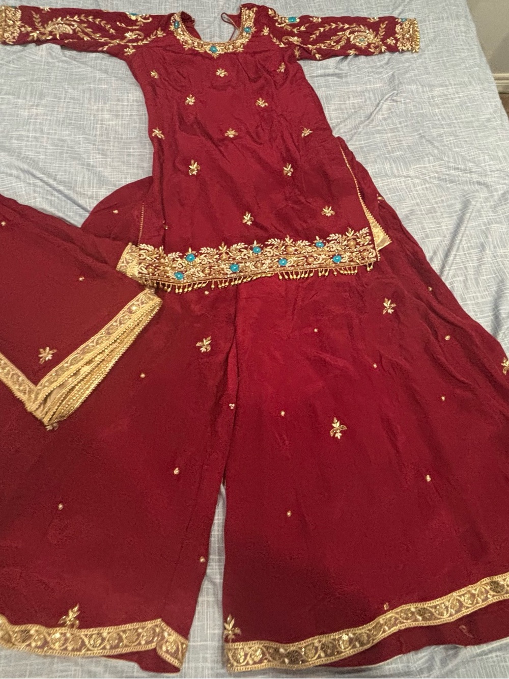 Maroon Embroidered Traditional Sharara with Gold Accents